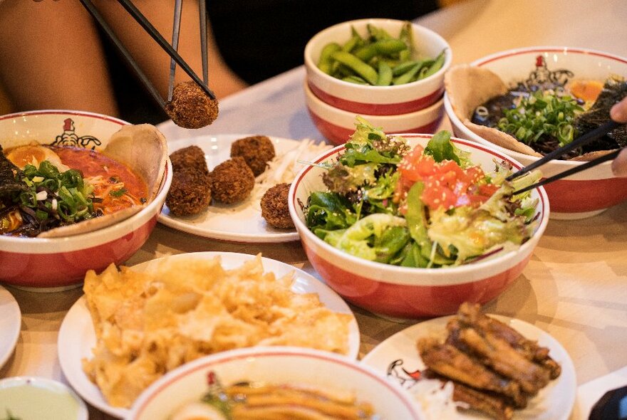 Selection of Japanese entrees and salad on a table.