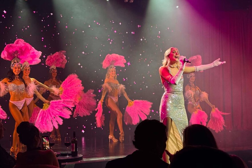 A cabaret singer on stage with dancers with fans, wearing a glittering gown with arm outstretched. 