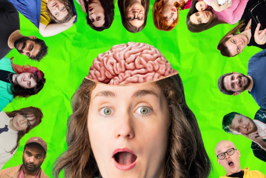 A woman looking shocked while wearing a brain as a hat, with many people arranged around the outside of the image against a green background. 