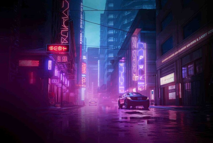 City scene with neon lights, a car and tall buildings in hazy dusk.