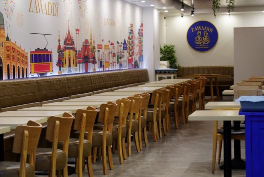 A long row of tables and chairs in a cafe setting with wall mural and downlights.