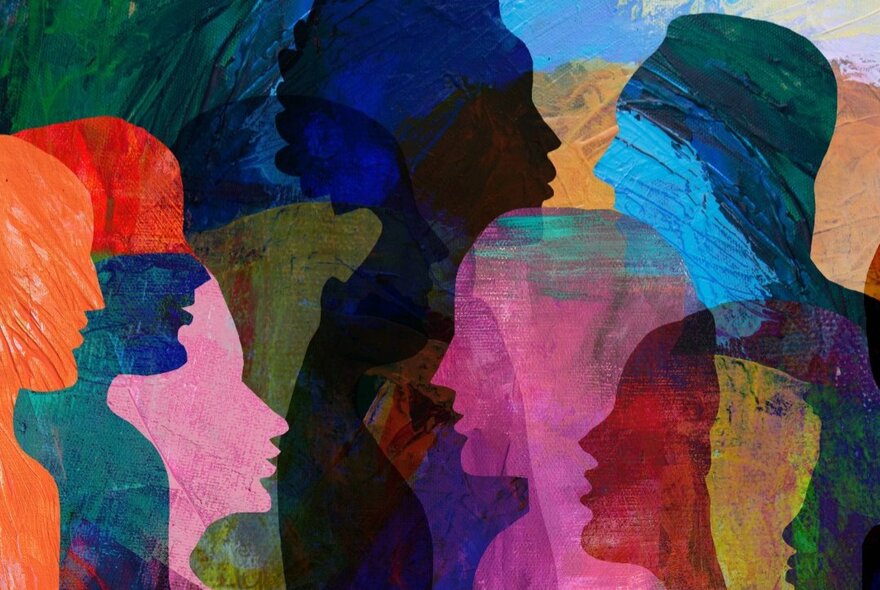 An illustration depicting diverse, overlapping human silhouettes in various colours. 