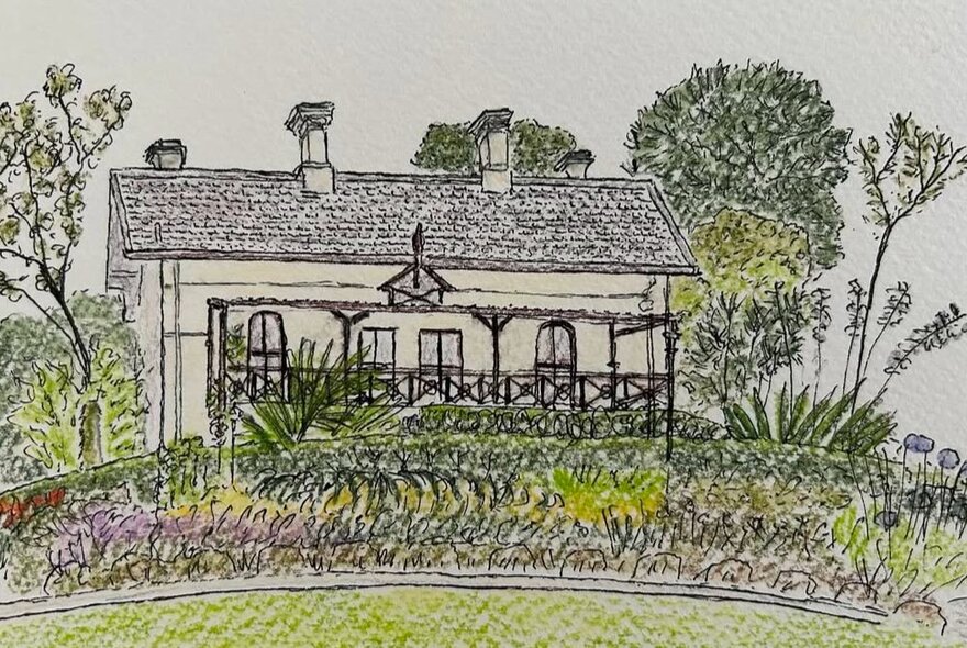 A sketch of Gardens House and surrounding gardens in fineliner pen and watercolour pencils.