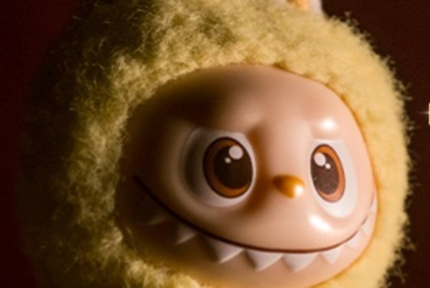 A close up of a troll doll face with a yellow knitted bonnet. 