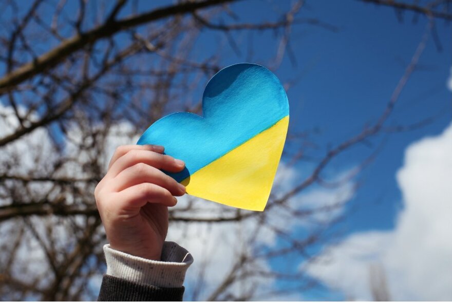 A hand holding a paper heart in Ukraine's blue and yellow colours against a bare tree and blue sky.