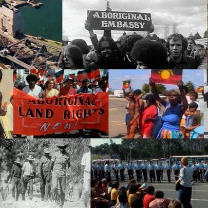 Collage of historical photographs of protests advocating for Indigenous land rights and sovereignty.