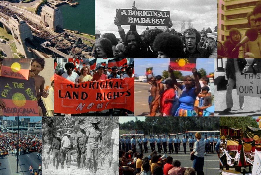 Collage of historical photographs of protests advocating for Indigenous land rights and sovereignty.