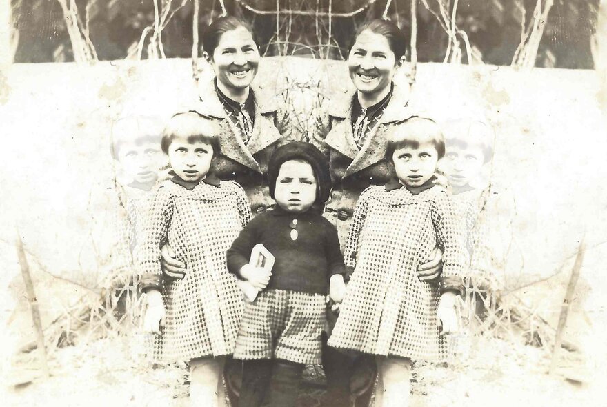 Family photo of a mother with her two children, repeated.