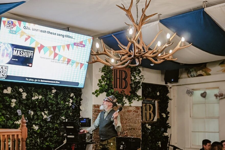 Host dressed in leiderhosen and Tyrolean hat standing beneath an antler chandelier in front of a large screen.