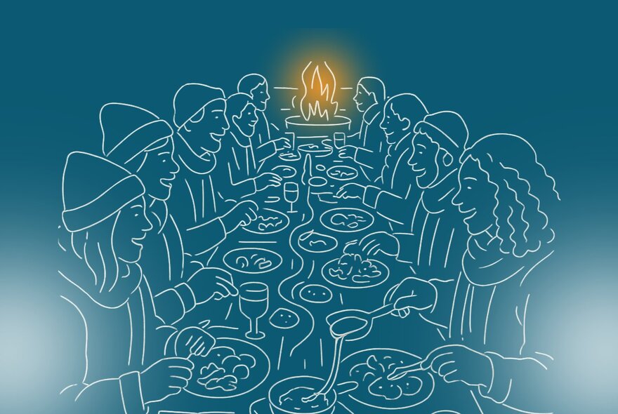 Cartoon of people seated around a table and fire eating a cheesy dish.