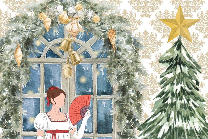 Jane Austen-inspired Regency female figure wearing an Empire gown and holding a red fan in a snowy landscape with Christmas tree.
