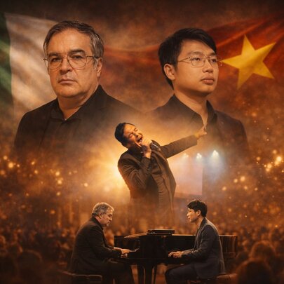 Concert poster featuring a singer and two pianists performing, with Italian and Vietnamese flag imagery in the background.