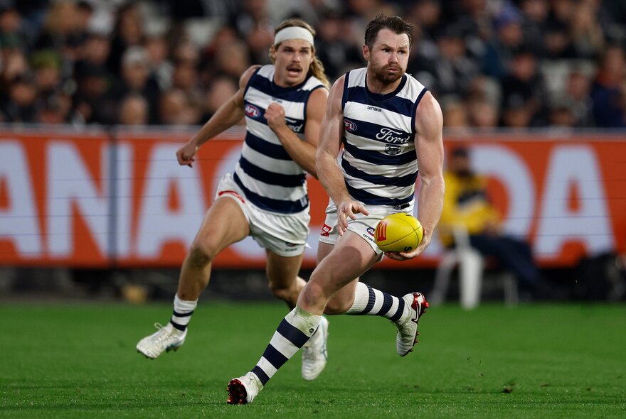 Geelong AFL football players on the field during a match.