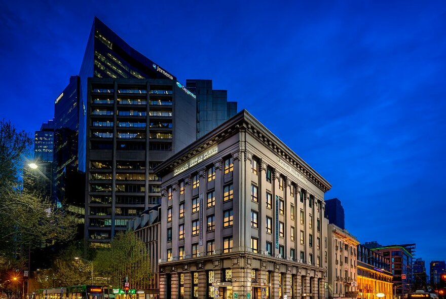 Heritage building seen at night.