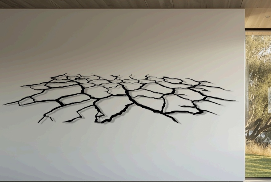 An artwork of black lines on a white surface, depicting cracked earth.