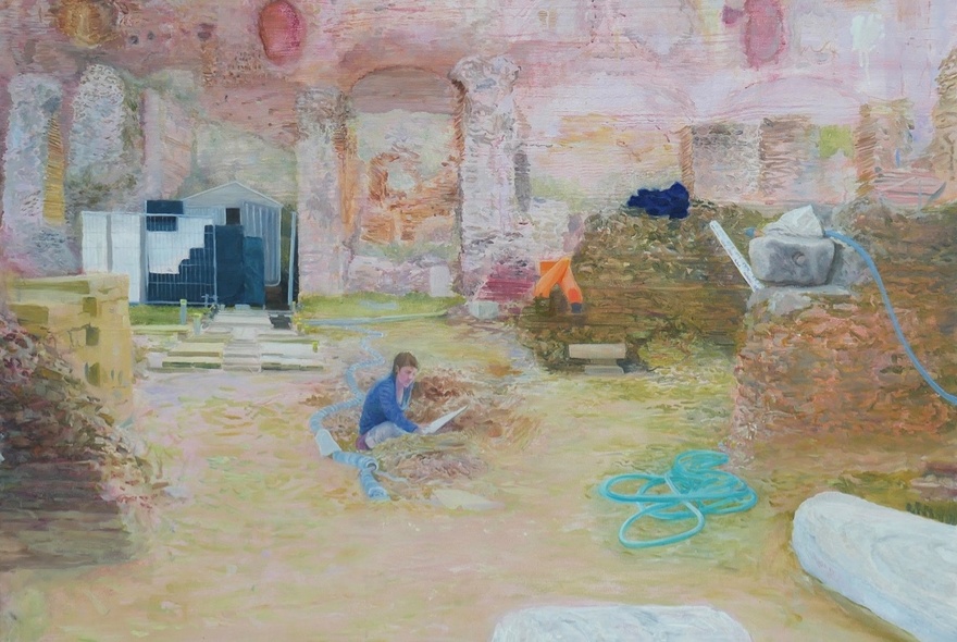 Impressionistic style artwork of a person in a blue shirt outdoors, surrounded by stacks of bricks, piles of earth, and structures in muted pastel tones of pink, tan, and green.