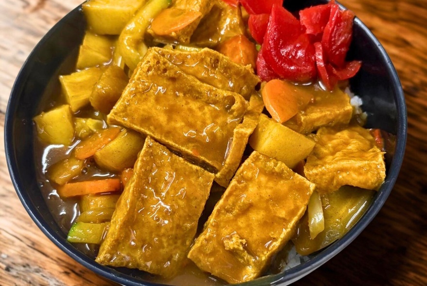 Looking down on a bowl of Japanese food with large rectangles of tofu.