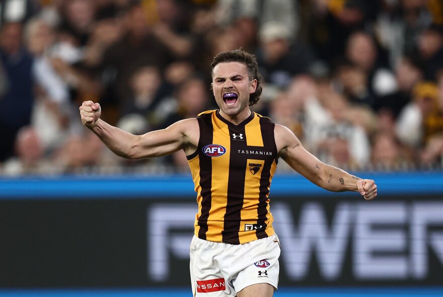 A Hawthorn AFL football player with clenched fists running on the football field and cheering, a blurred stadium crowd of fans in the background.
