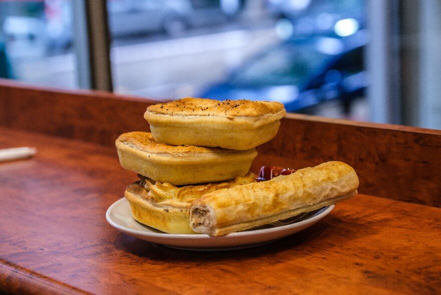 A sausage roll and three pies piled on top of each other on a white plate on a wooden counter.