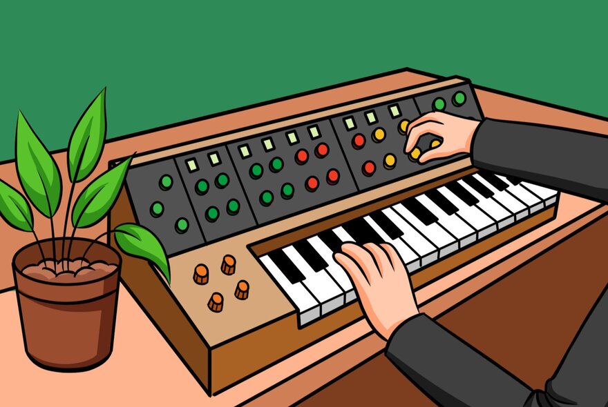 Colourful simplistic drawing of a person's hands interacting with an analog synthesizer, a green plant in a pot on the left. 