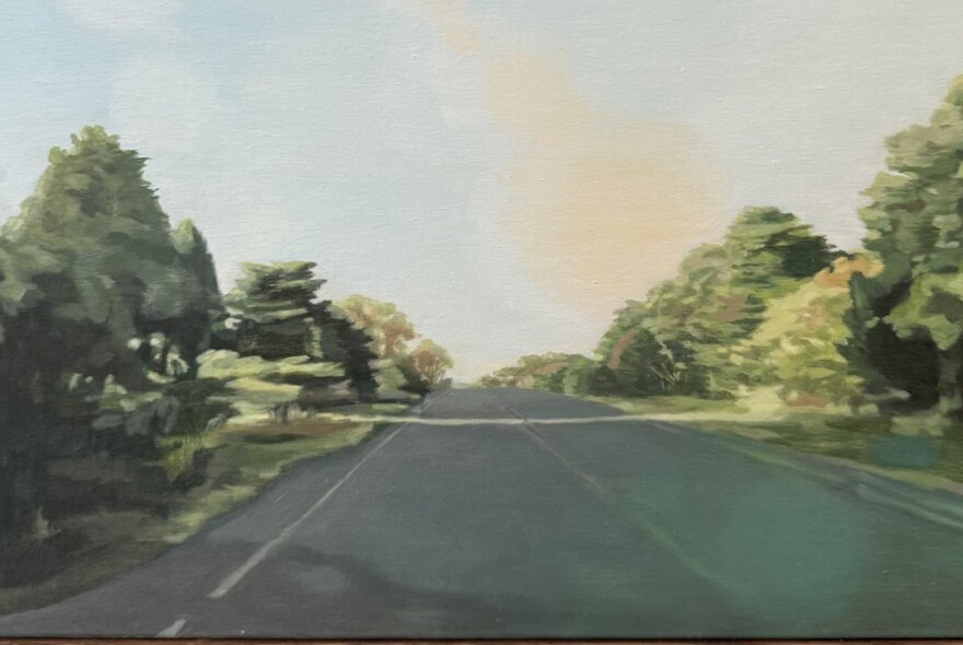 Hyper-realistic landscape artwork with road and trees.