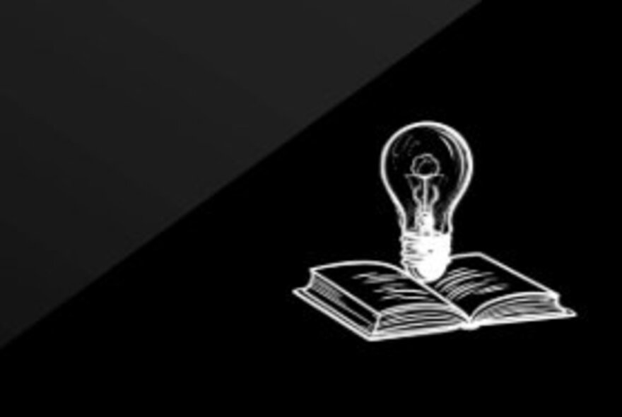 Drawing of a light bulb and an open book.