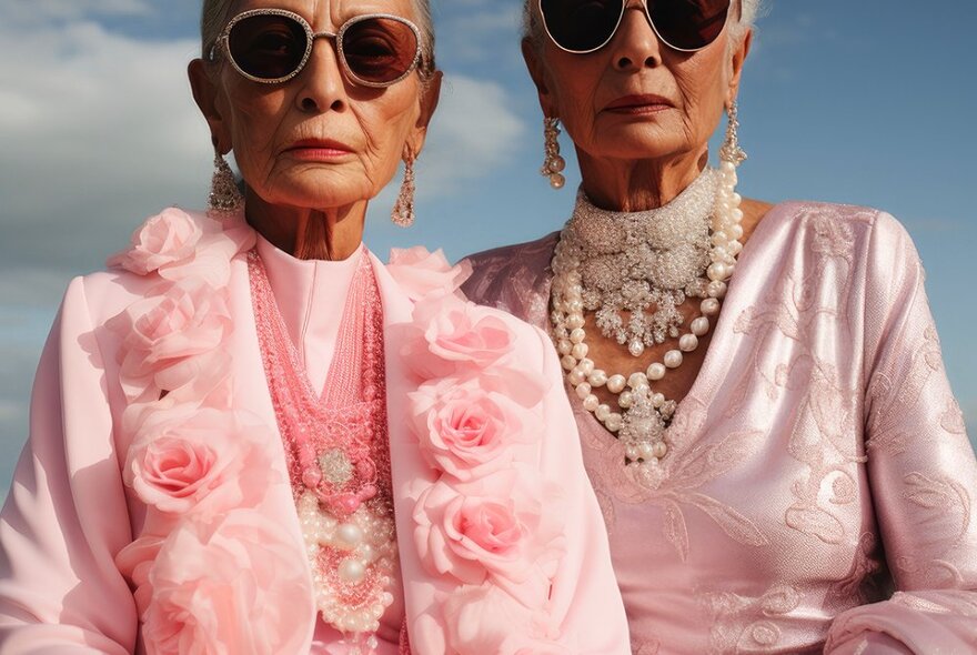 Two beautiful older women wearing pink silk outfits and sunglasses.