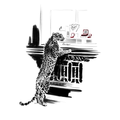 A black and white illustration of a cheetah on its hind legs looking at a jewellery on a cabinet. 