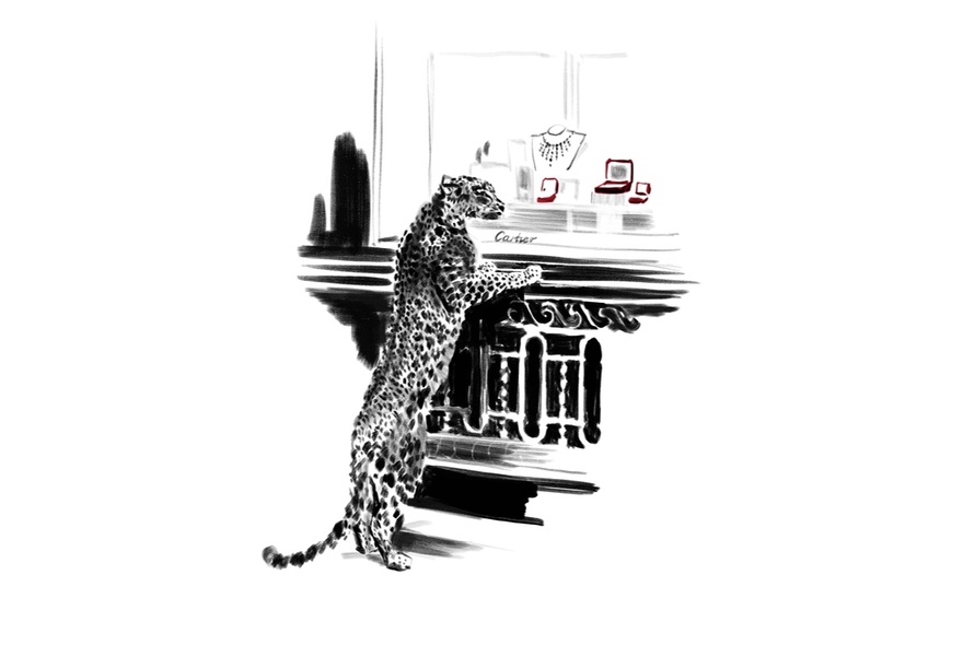 A black and white illustration of a cheetah on its hind legs looking at a jewellery on a cabinet. 