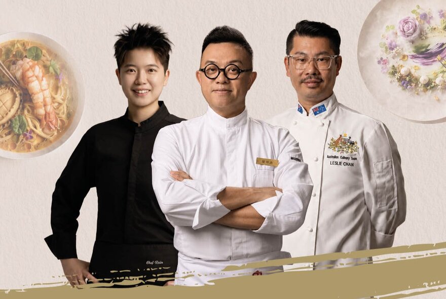 Three acclaimed chefs of Chinese heritage standing together, the middle chef with his arms crossed. 