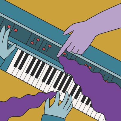 Bright graphic illustration of a hands playing on a synthesizer keyboard.