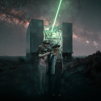 Visitors walking through a 3D simulation of the cosmos using wireless VR headsets.