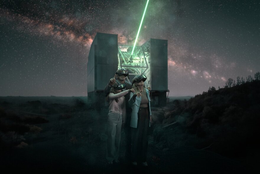Visitors walking through a 3D simulation of the cosmos using wireless VR headsets.