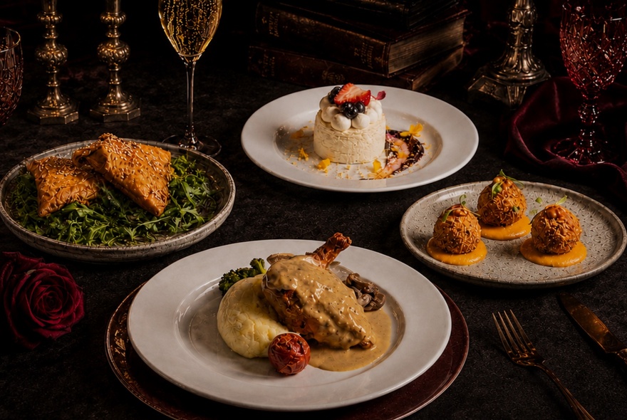 A table with four plates of entrees, main and dessert. 