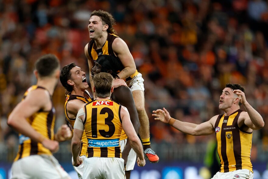 Hawthorn AFL players celebrating on the field, with a blurred crowd of footy fans in the stadium in the background.