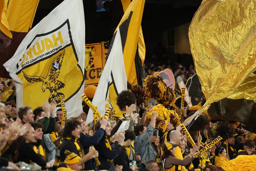 Hawthorn AFL fans with banners in the stands during a match.