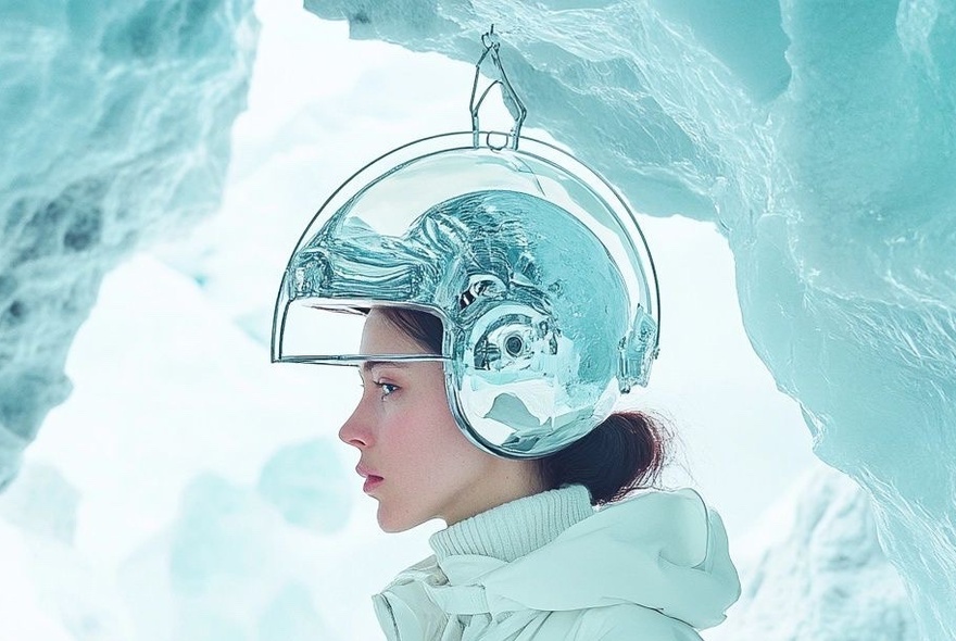 Profile of a fashion model wearing a glass helmet, surrounded by white smoke or ice.