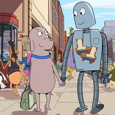 A still from the animated movie, Robot Dreams where a dog and a robot are walking robot-hand-in-paw down a busy street in New York City.