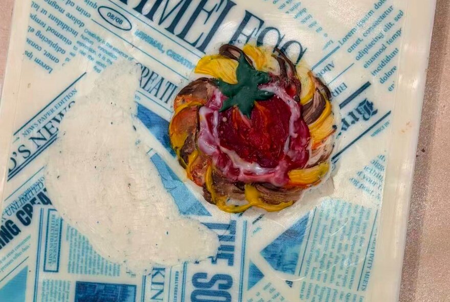A drawing of a strawberry tart on a block of white chocolate, that has been painted in blue edible paint to resemble a newspaper. 