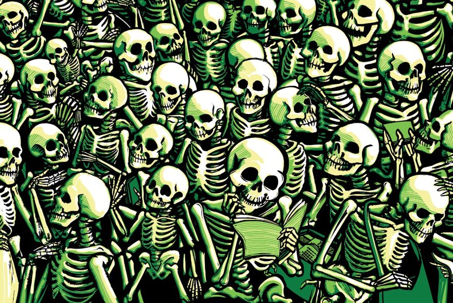 Cartoon drawing of many green-tinged skeletons, one at the front reading a magazine.