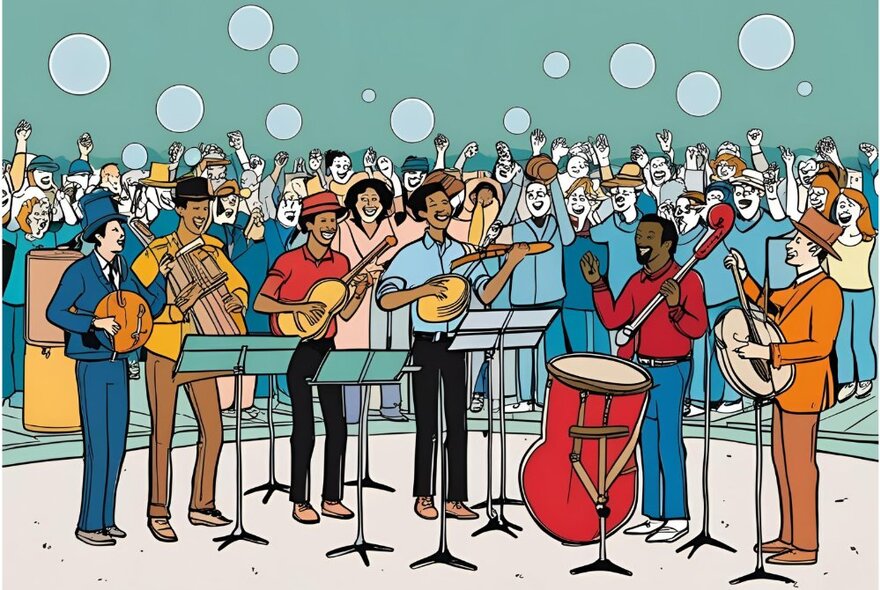 Cartoon of musicians performing around music stands, surrounded by crowd waving arms.