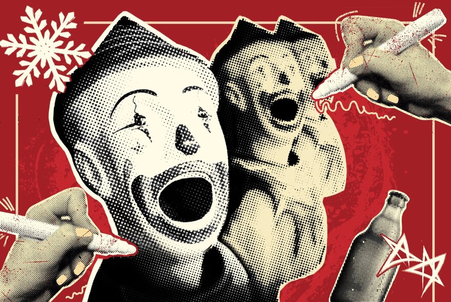 Hands holding pens drawing on images of clowns.