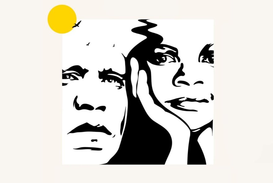 Black and white artwork depicting Archie Roach and Ruby Hunter, with a yellow dot in the top left corner. 