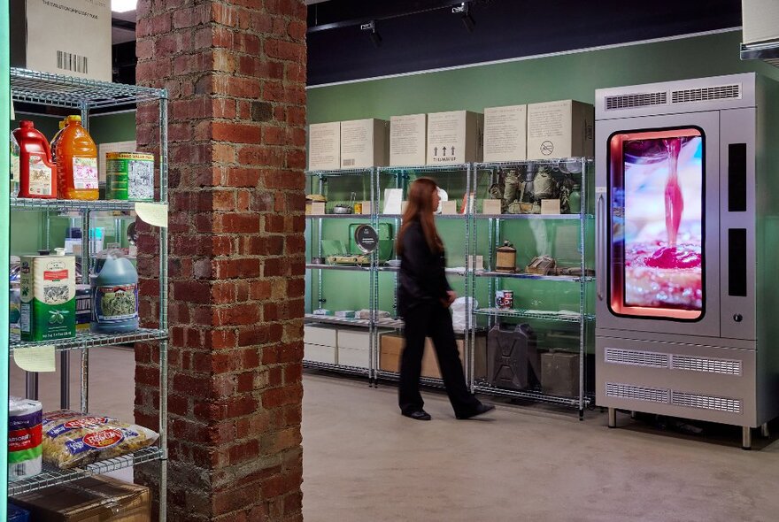 A woman walking through a display with shelves of military-style food packages.