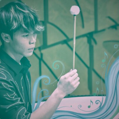A green-washed image of a musician holding up a baton with a mural in the background. 