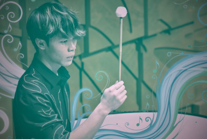 A green-washed image of a musician holding up a baton with a mural in the background. 