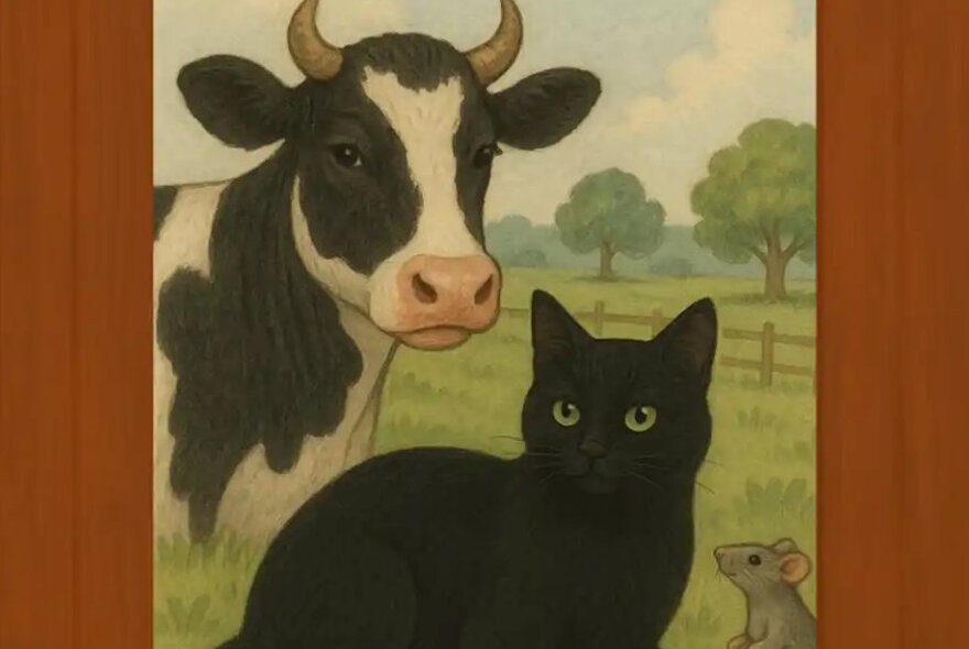 Vintage picturebook artwork of a cow, black cat and rat in a fenced field with trees.