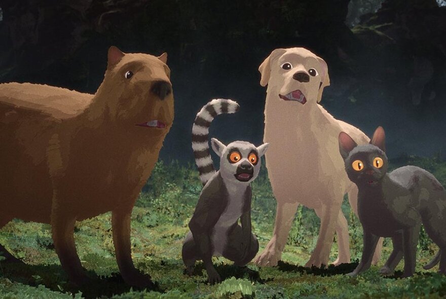 Four cartoon animals – a capybara, lemur, labrador dog and black cat – looking at something in surprise off screen.