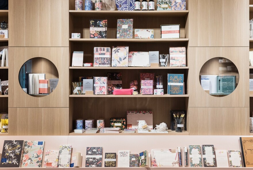 Stationery on shelves inside Milligram store.