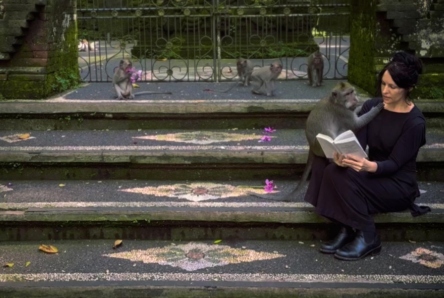 A woman sitting on some outdoor steps reading with a monkey beside her. 